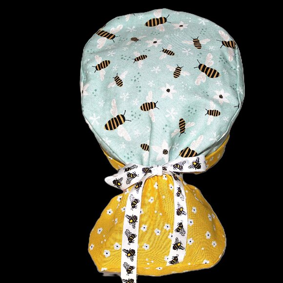 Womens Bumble Bee Aqua Scrub Cap Ponytail Surgical Hat, Silk Ribbon Ties - Picture 2 of 7